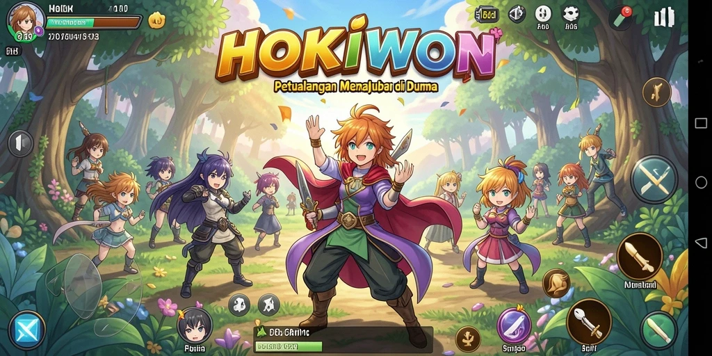 Tampilan gameplay seru di HOKIWON dengan karakter anime yang beragam.