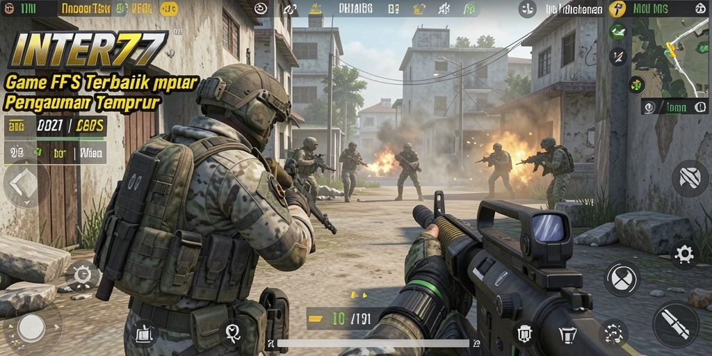 Tampilan gameplay yang mendebarkan di INTER77, menunjukkan aksi tembak-menembak yang intens.