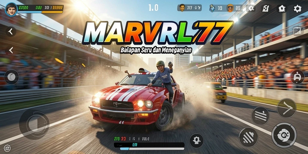 Tangkapan layar utama dari gameplay balap di MARVRL77 yang menegangkan.