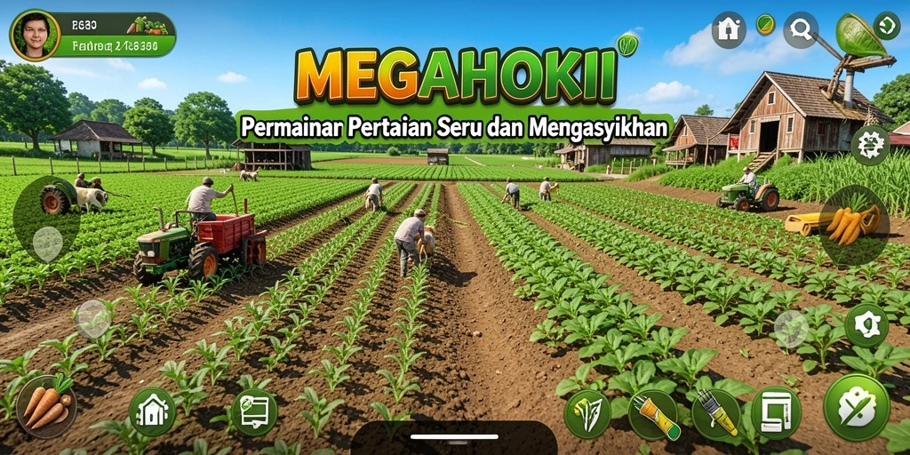 Tampilan gameplay MEGAHOKI menampilkan aktivitas bertani yang menyenangkan.